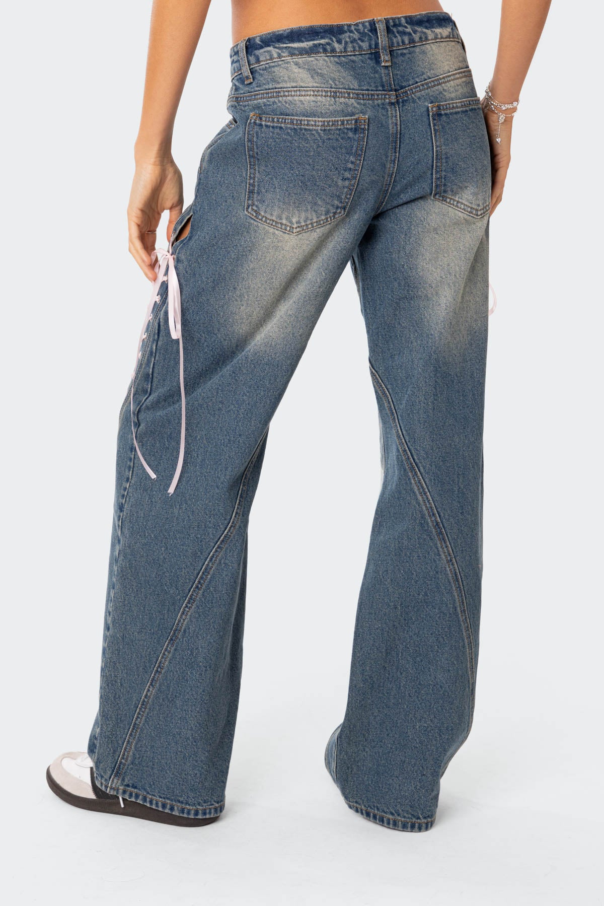 Ribbon Lace Up Low Rise Baggy Jeans - Image 4