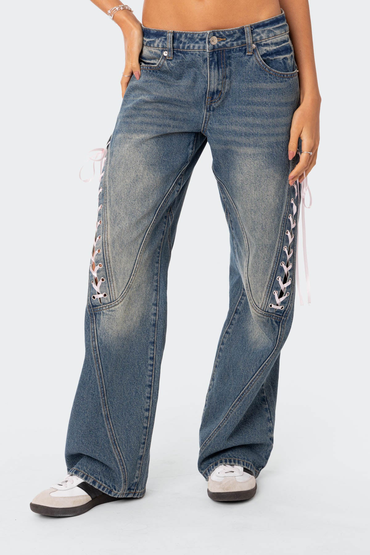 Ribbon Lace Up Low Rise Baggy Jeans - Image 2