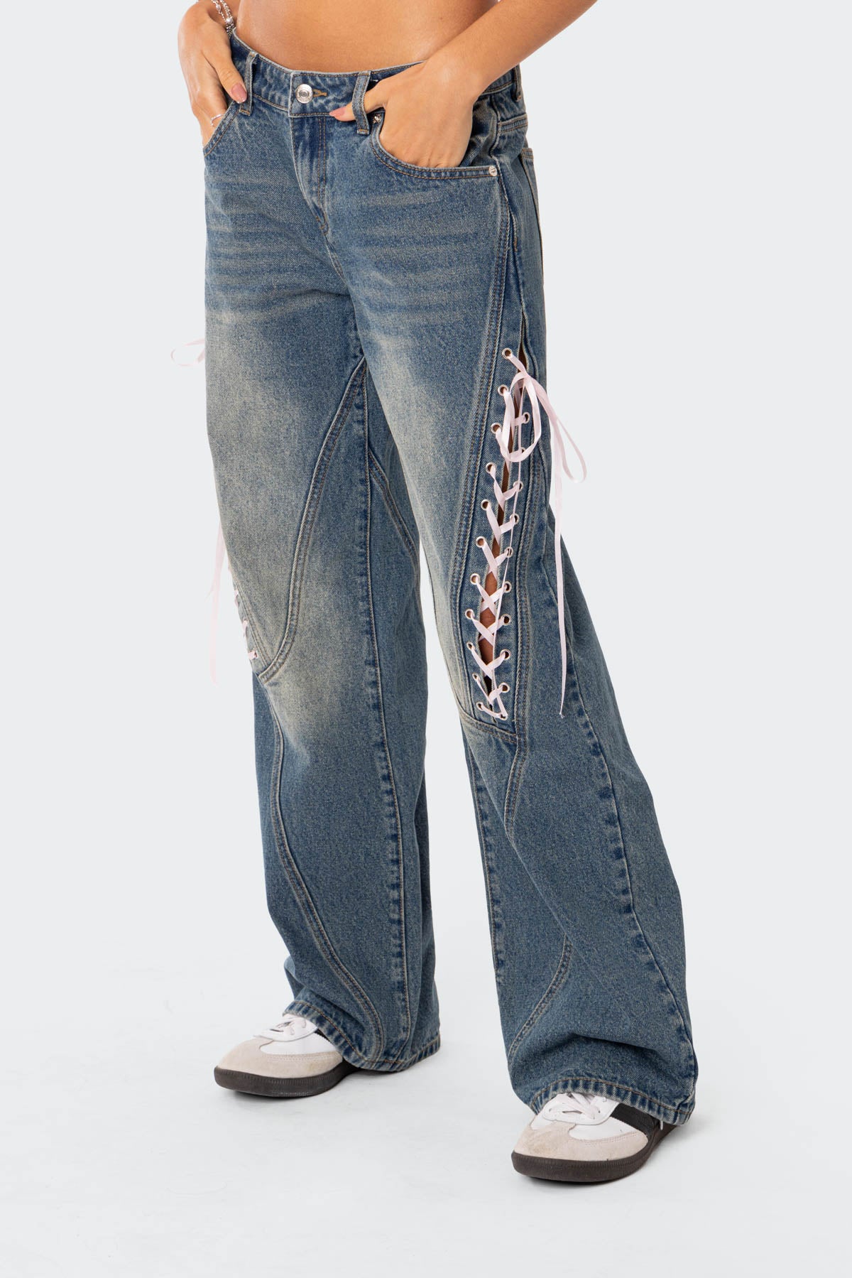 Ribbon Lace Up Low Rise Baggy Jeans - Image 3