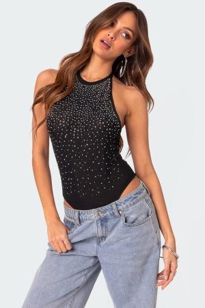 Open Back Mesh Rhinestone Bodysuit