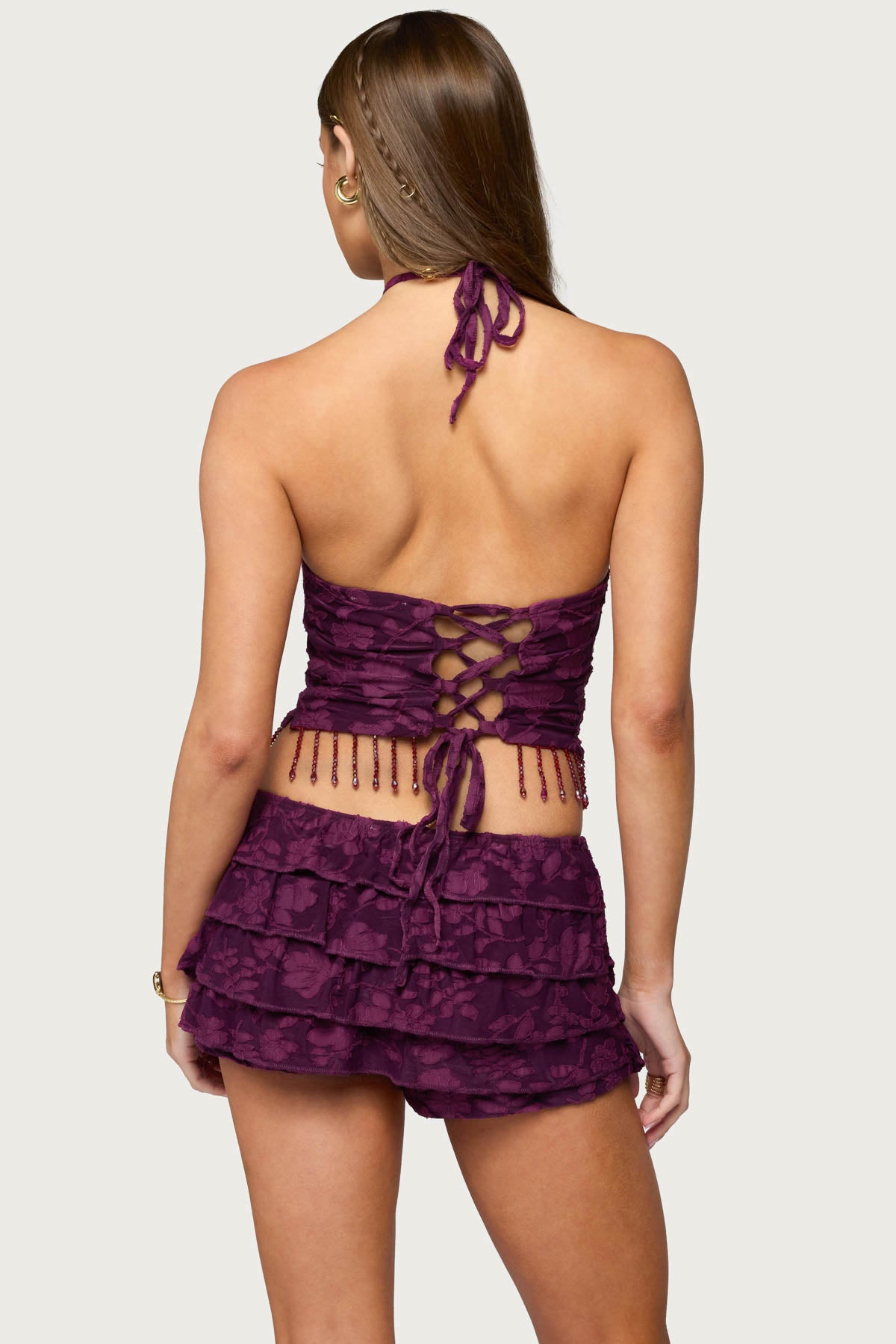 Keyla Bead Fringed Textured Halter Top - Image 5
