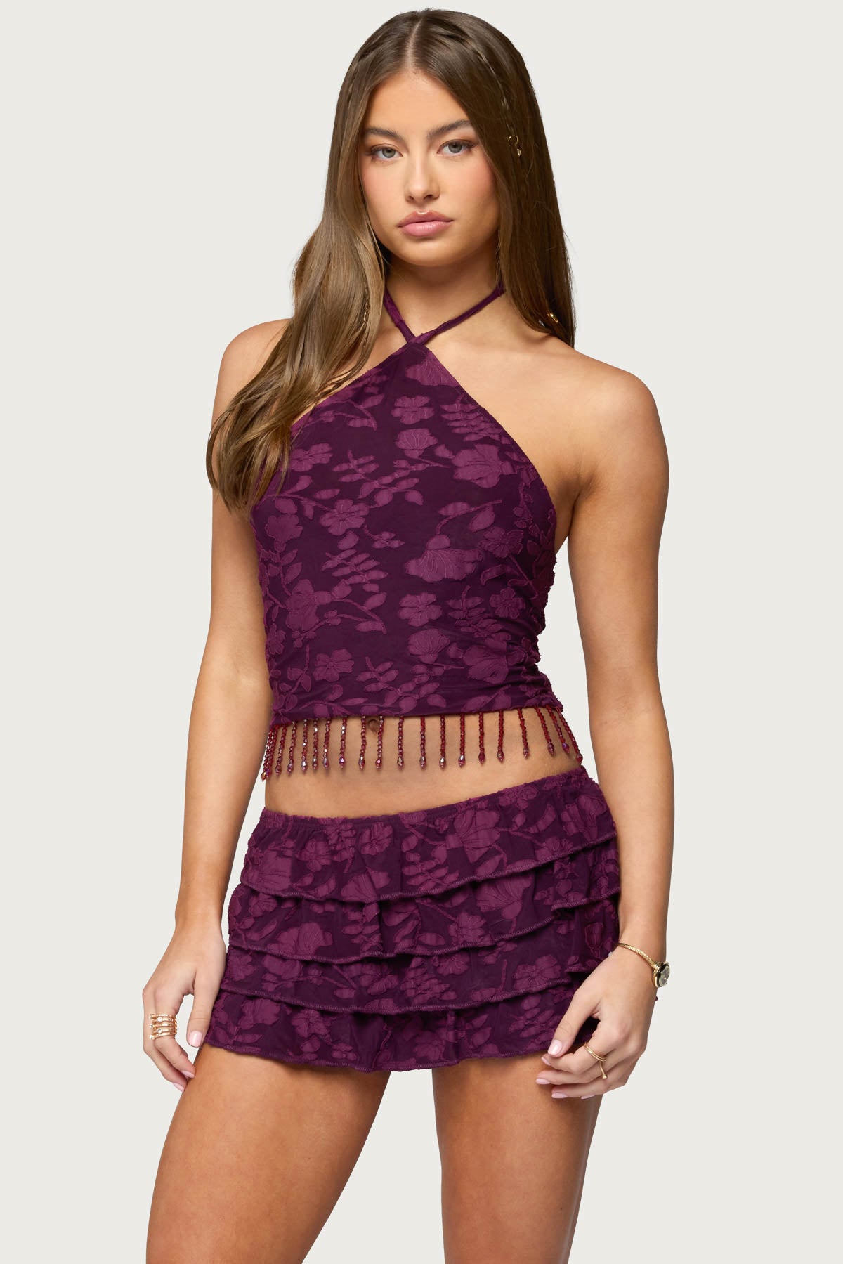 Keyla Bead Fringed Textured Halter Top - Image 3