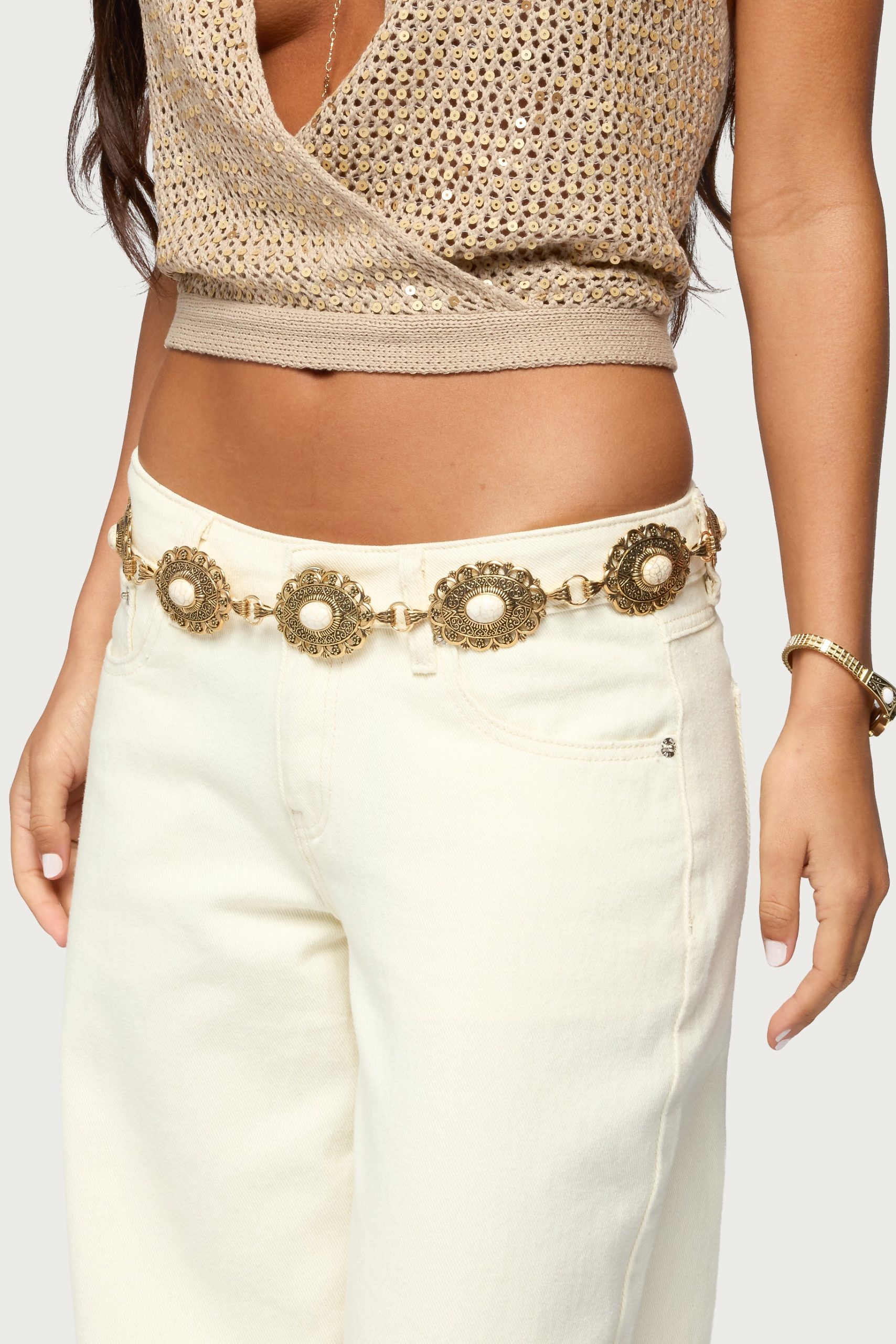 Stone Oval Pendant Chain Belt