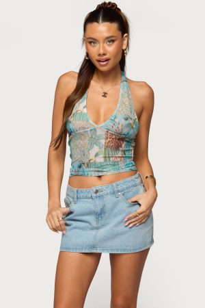 Catie Printed Mesh Halter Top