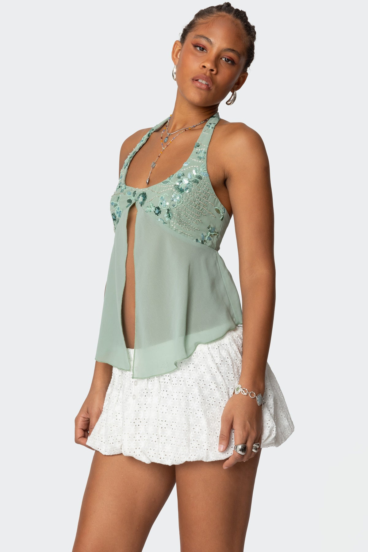 Sequin Chiffon Split Front Top - Image 4