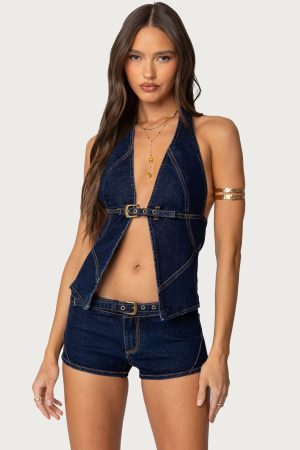 Ciel Split Front Denim Halter Top