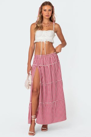 Gingham Side Slit Tiered Maxi Skirt