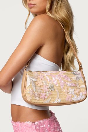 Sequin & Embroidered Straw Bag