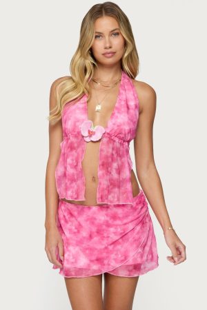Tiedye Mesh Split Front Backless Top