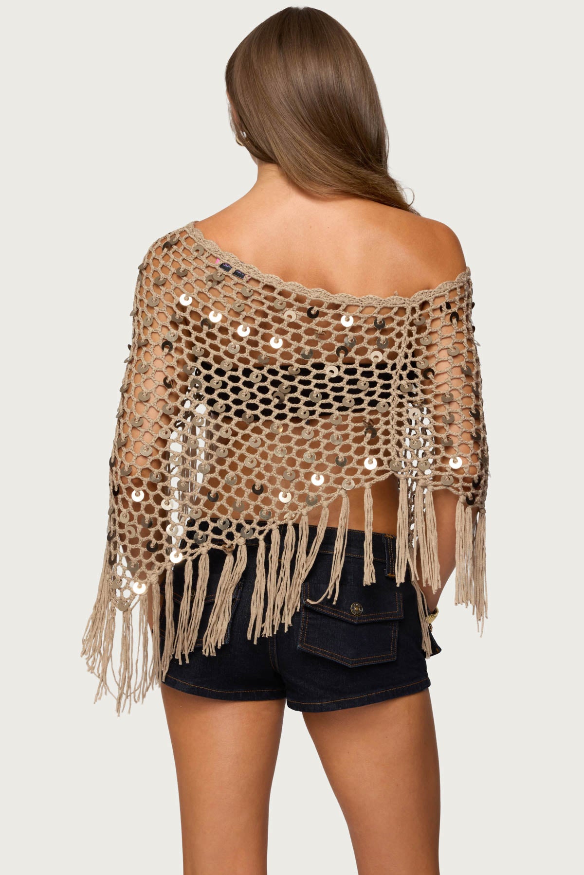 Fringe Sequin Crochet Poncho - Image 5