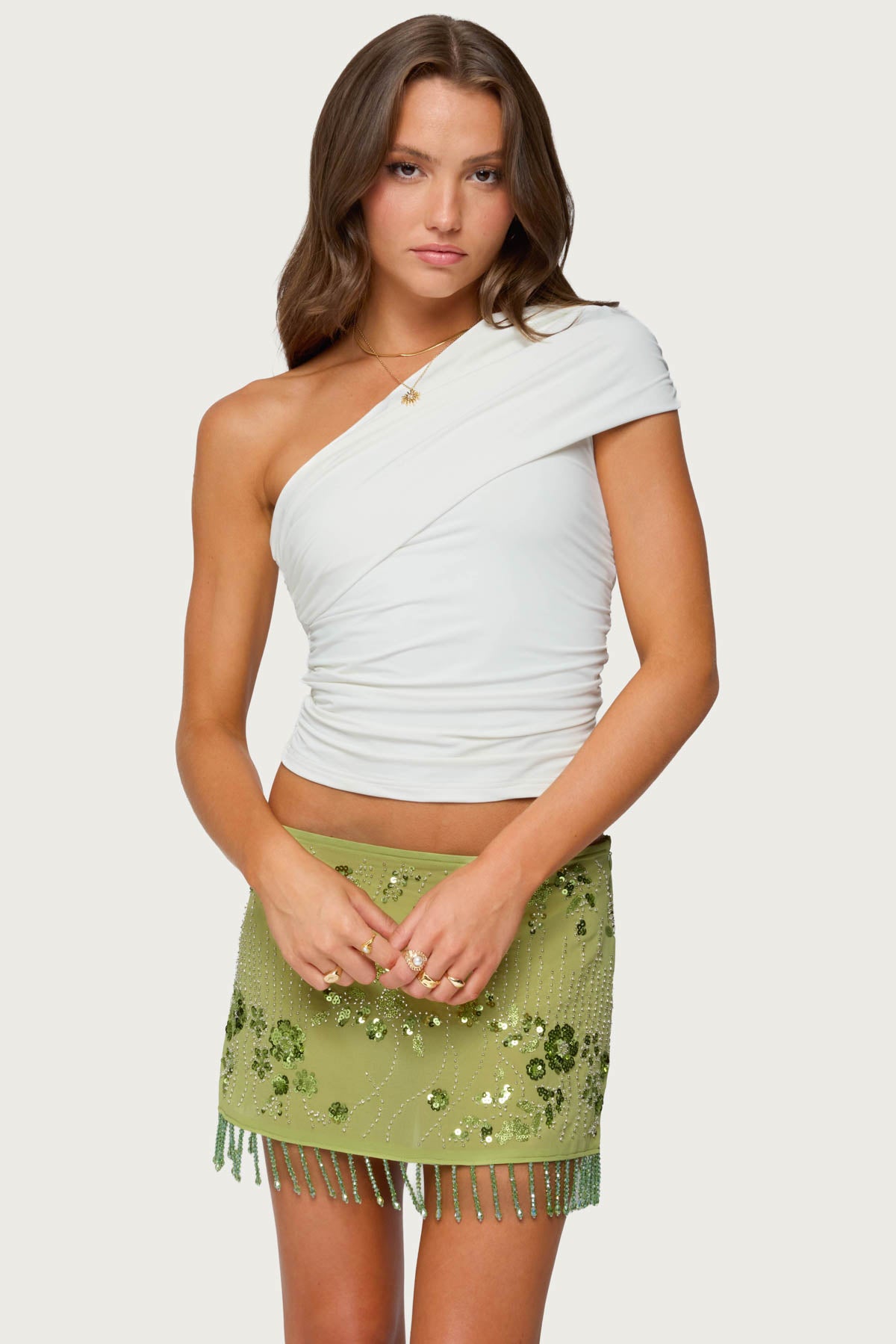 Fold Over Ruched One Shoulder Top - Image 2