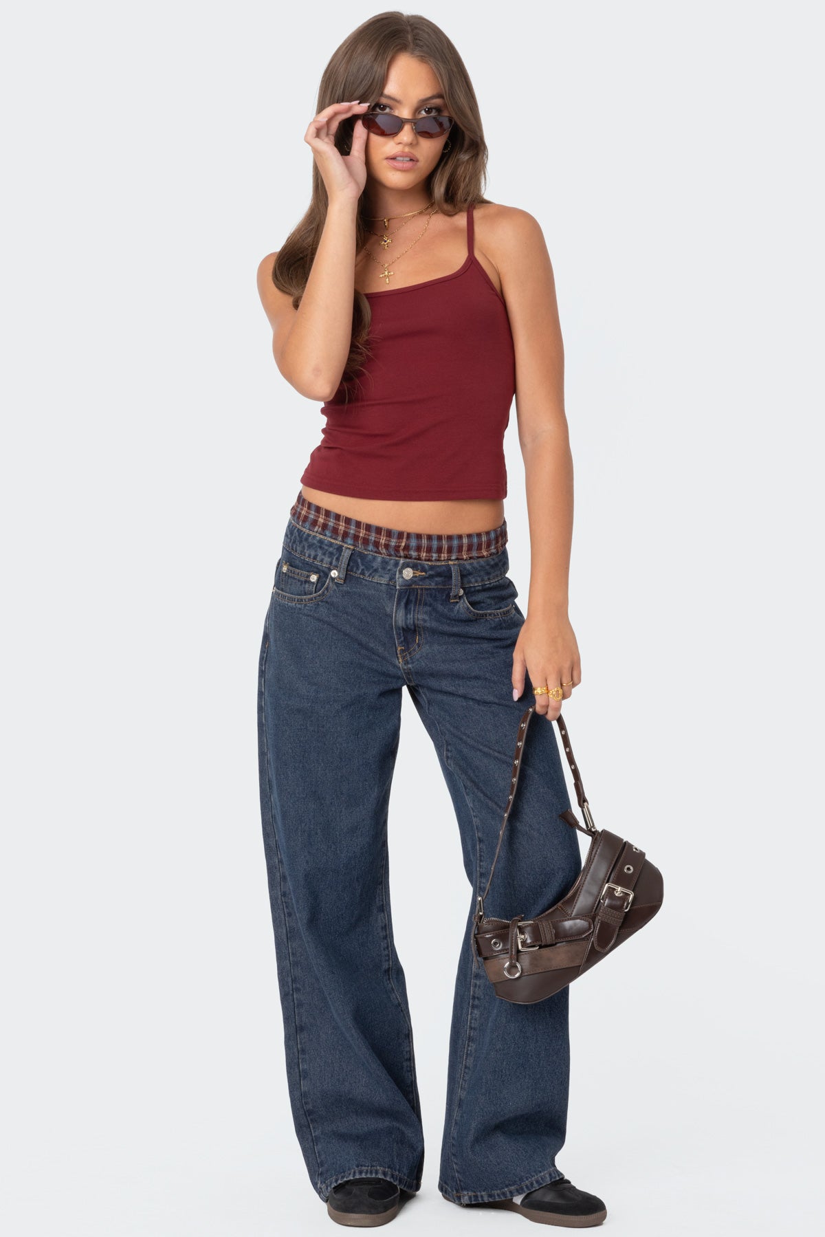 Plaid Boxer Detail Low Rise Baggy Jeans