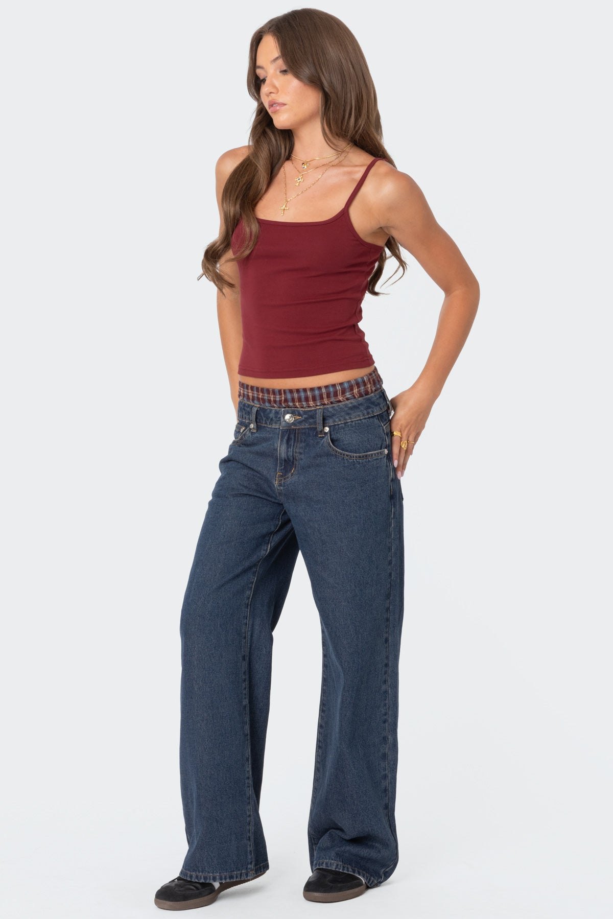 Plaid Boxer Detail Low Rise Baggy Jeans - Image 5