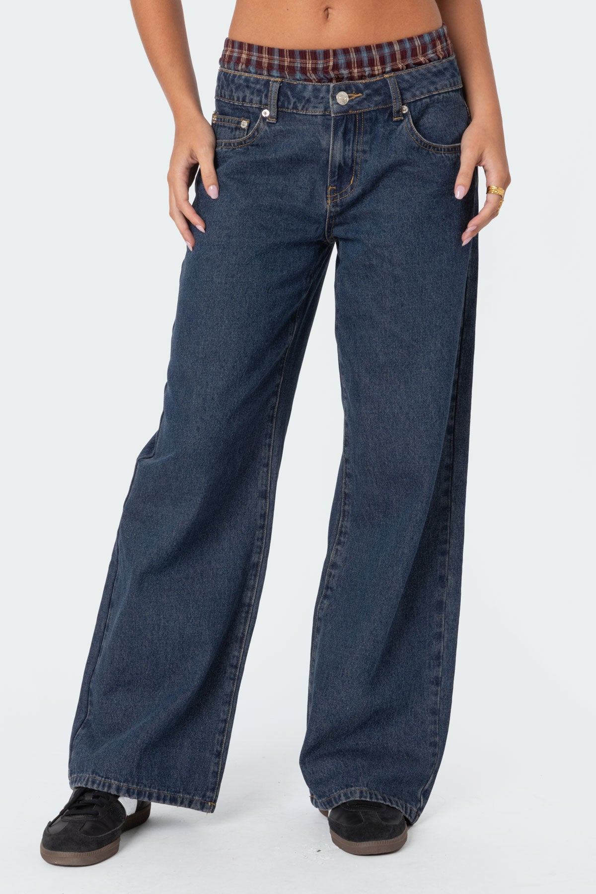 Plaid Boxer Detail Low Rise Baggy Jeans - Image 4