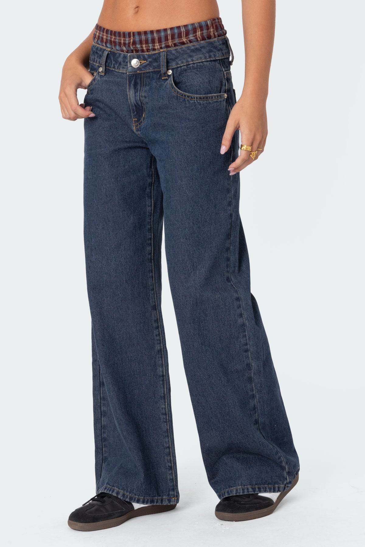 Plaid Boxer Detail Low Rise Baggy Jeans - Image 2