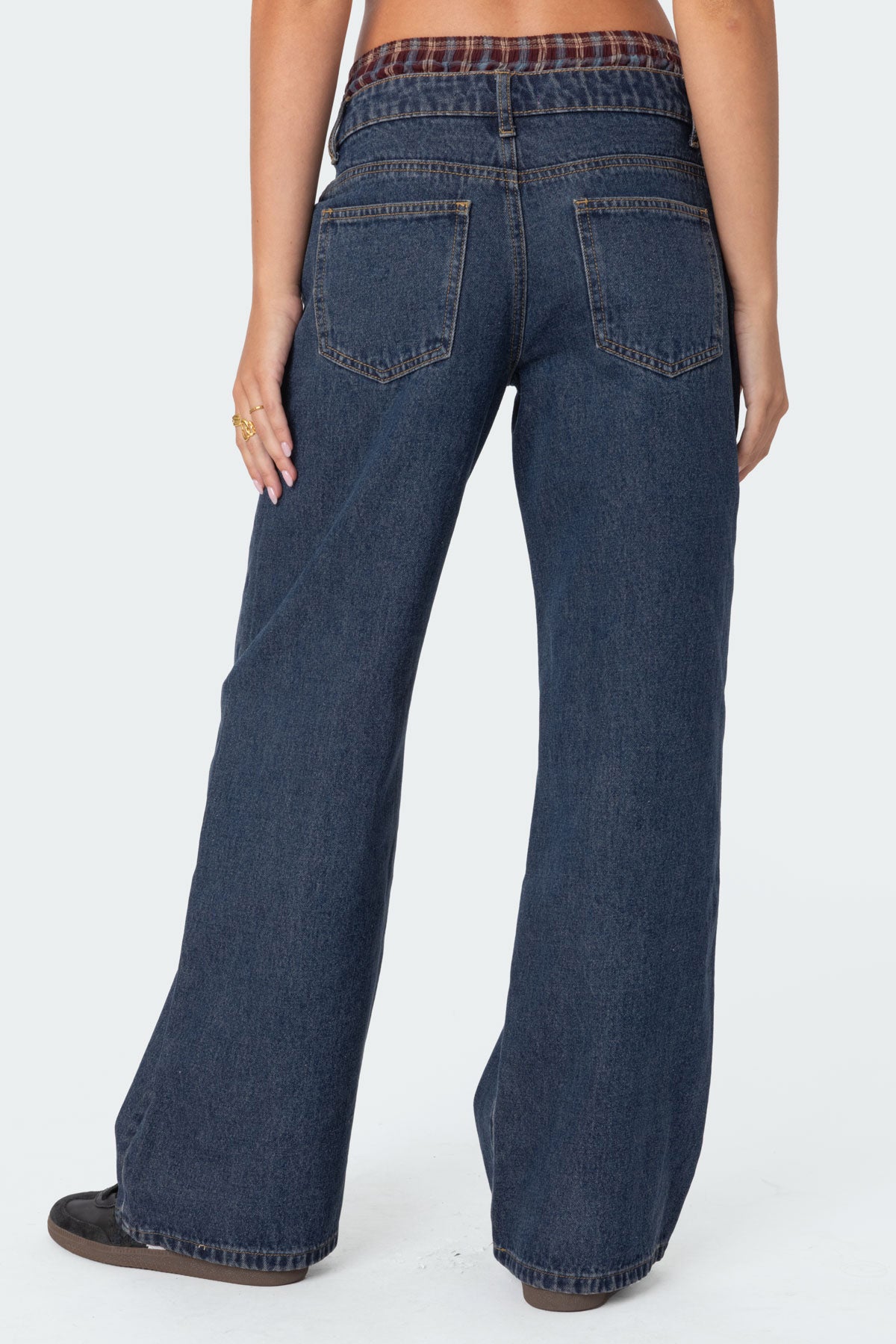 Plaid Boxer Detail Low Rise Baggy Jeans - Image 3