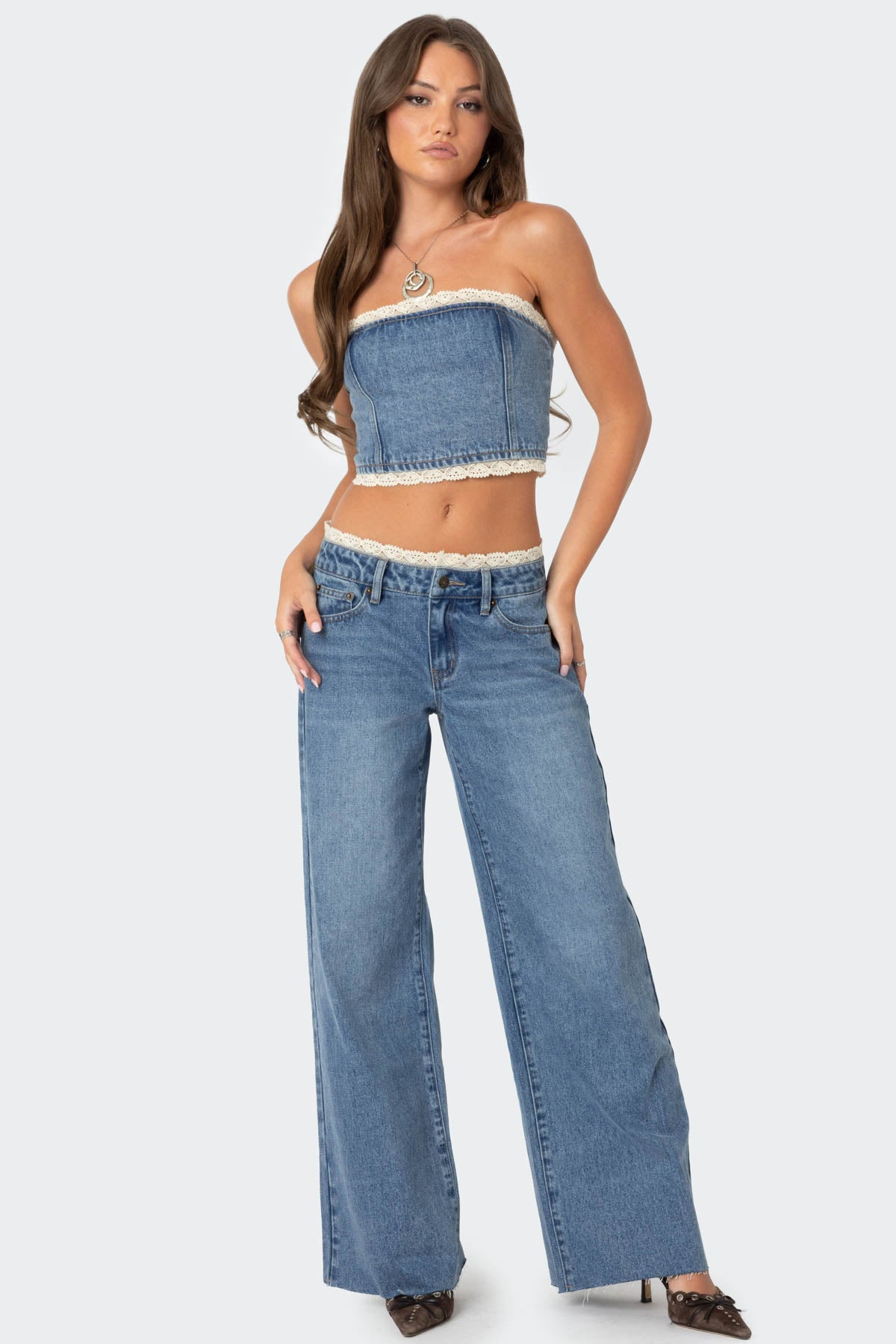 Karlie Peekaboo Lace Low Rise Baggy Jeans - Image 3