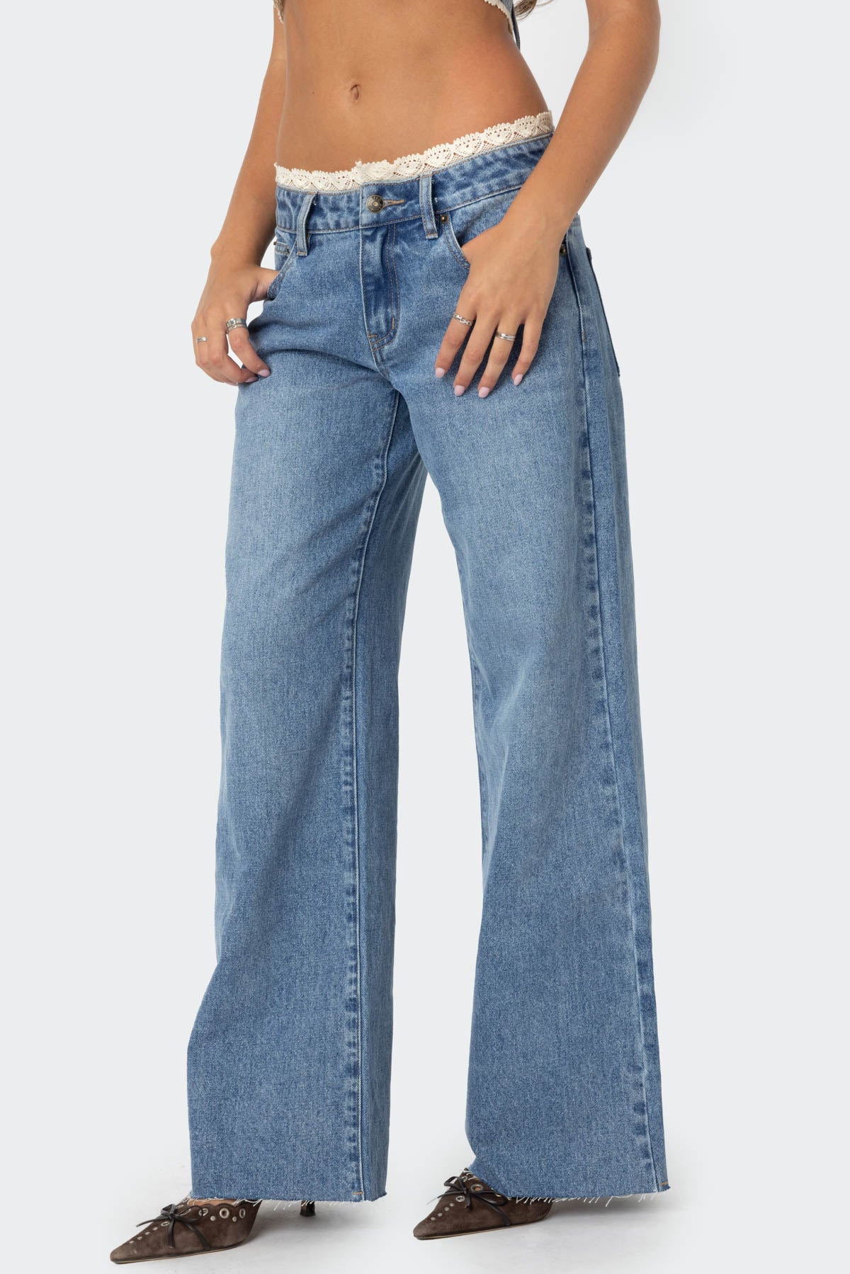 Karlie Peekaboo Lace Low Rise Baggy Jeans - Image 4