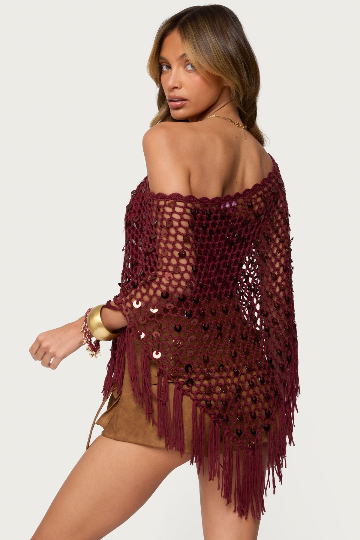Fringe Sequin Crochet Poncho - Image 4