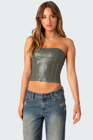 Moss Faux Leather Lace Up Corset