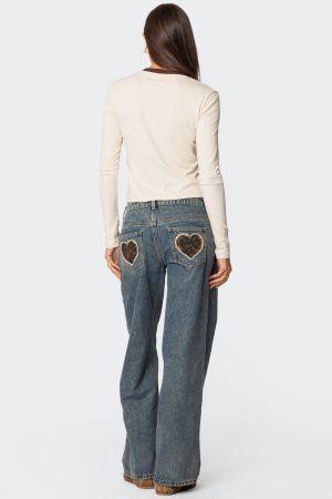 Leopard Heart Low Rise Baggy Jeans