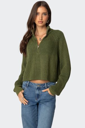Cropped Rib Knit Half Zip Sweater