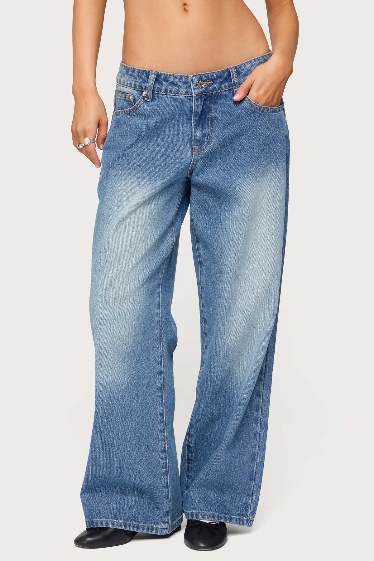 Petite Magda Acid Wash Low Rise Baggy Jeans - Image 2