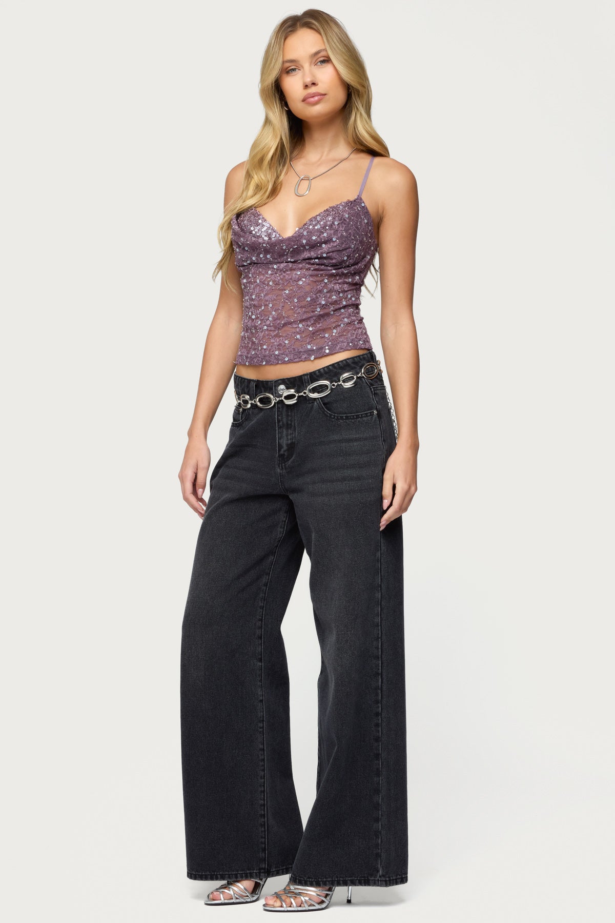Sequin Layered Bra Cowl Neck Top - Image 4