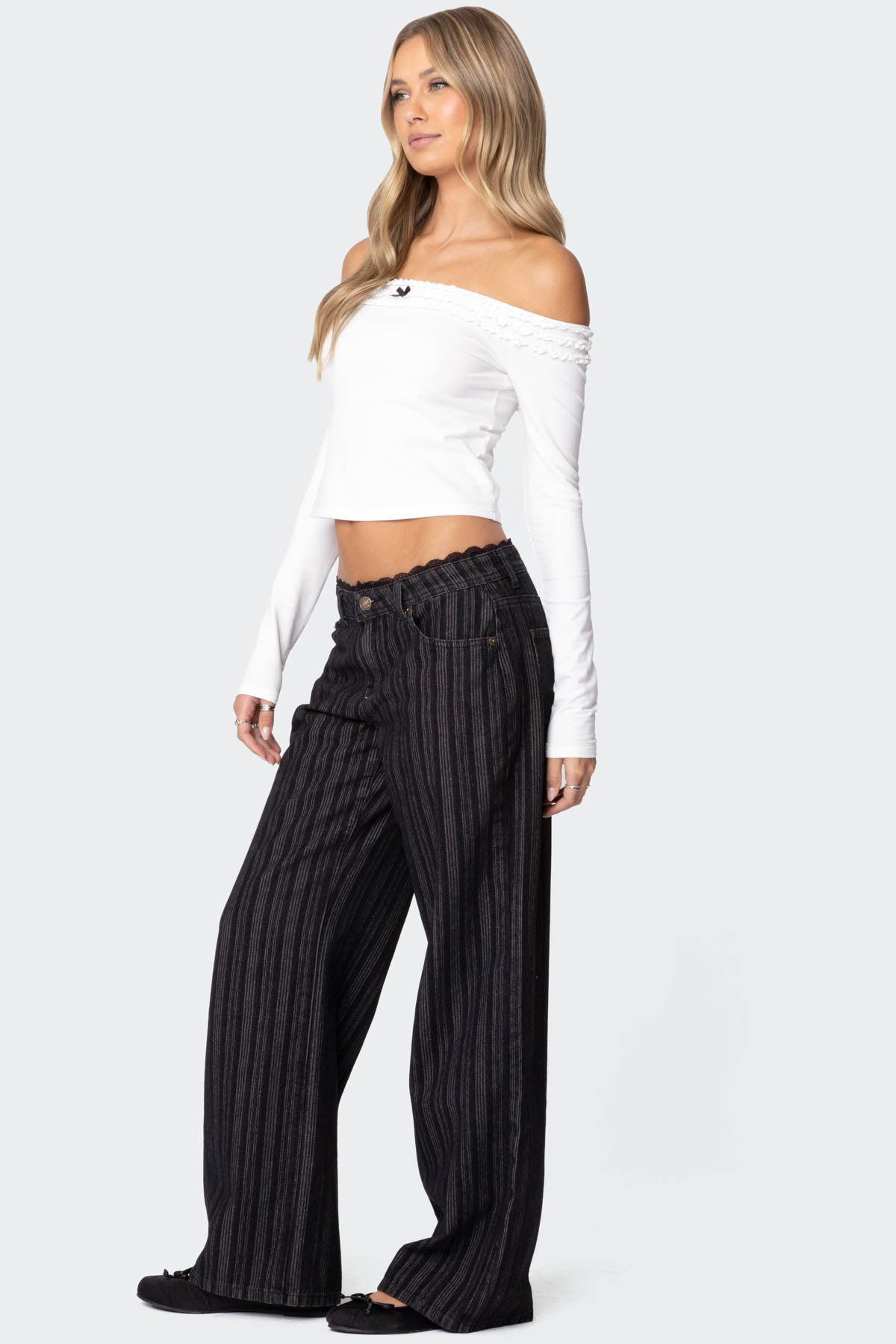 Lace Trim Striped Low Rise Baggy Jeans - Image 3