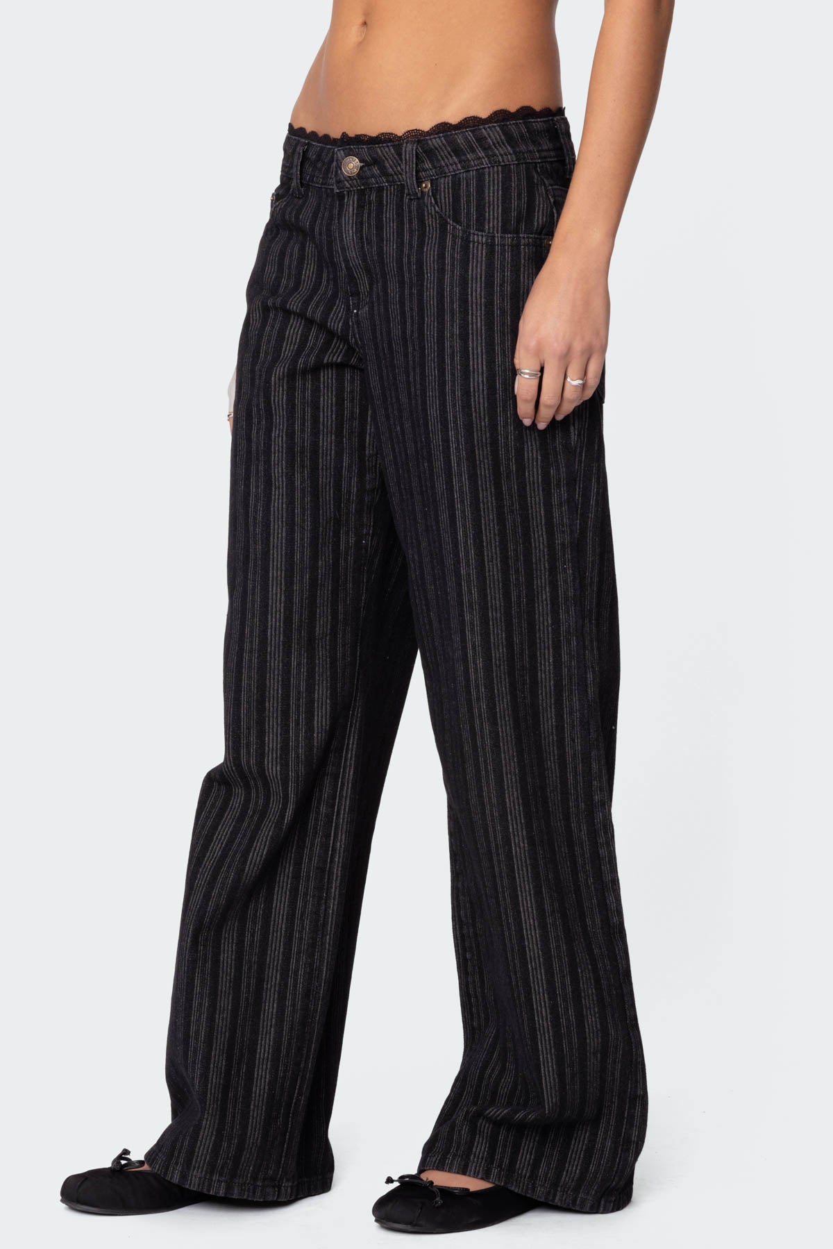 Lace Trim Striped Low Rise Baggy Jeans - Image 4