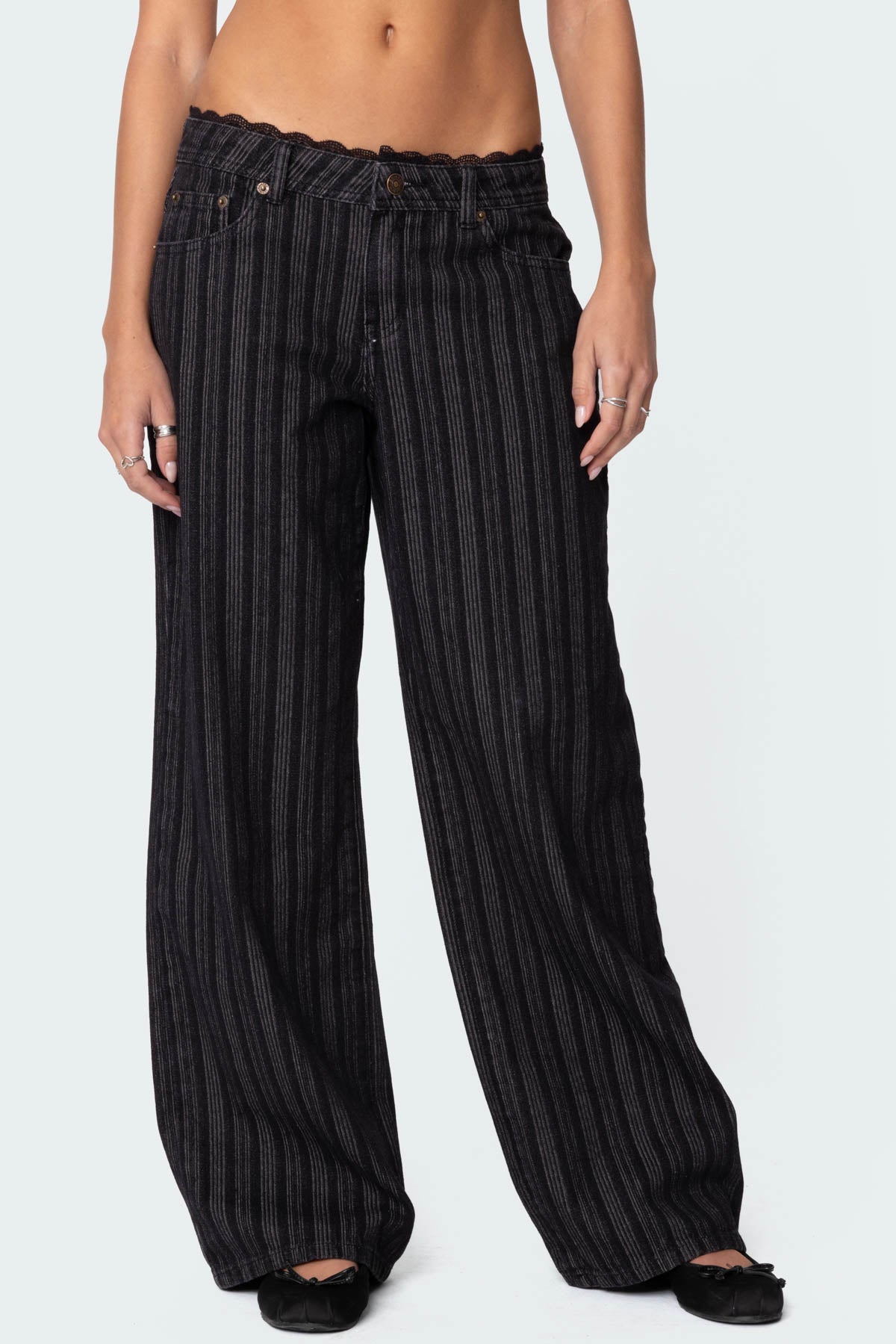 Lace Trim Striped Low Rise Baggy Jeans - Image 2