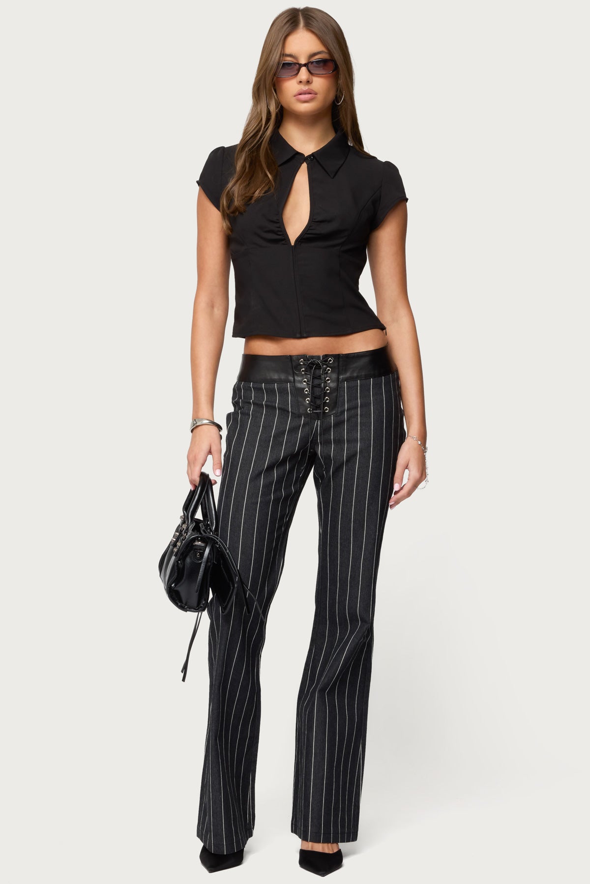 Pinstripe & Faux Leather Low Rise Flared Jeans - Image 2