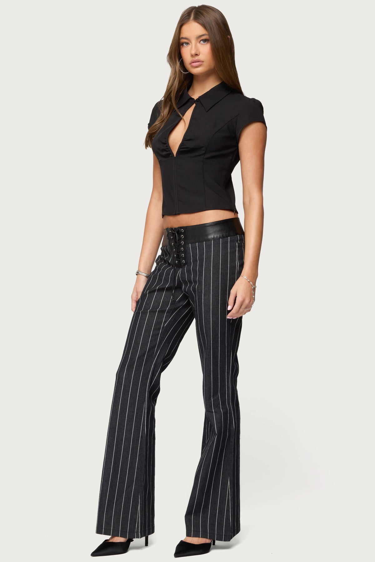 Pinstripe & Faux Leather Low Rise Flared Jeans - Image 4