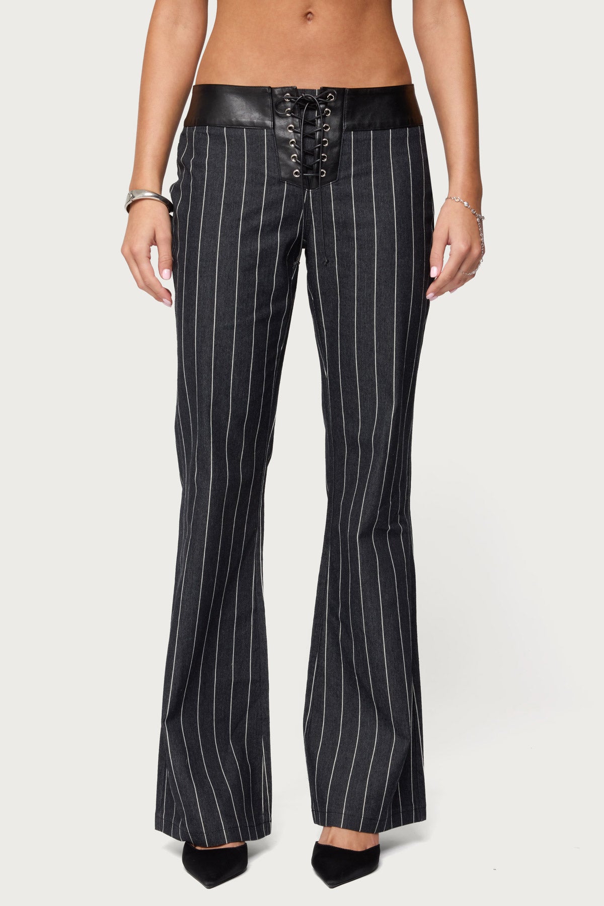 Pinstripe & Faux Leather Low Rise Flared Jeans - Image 3