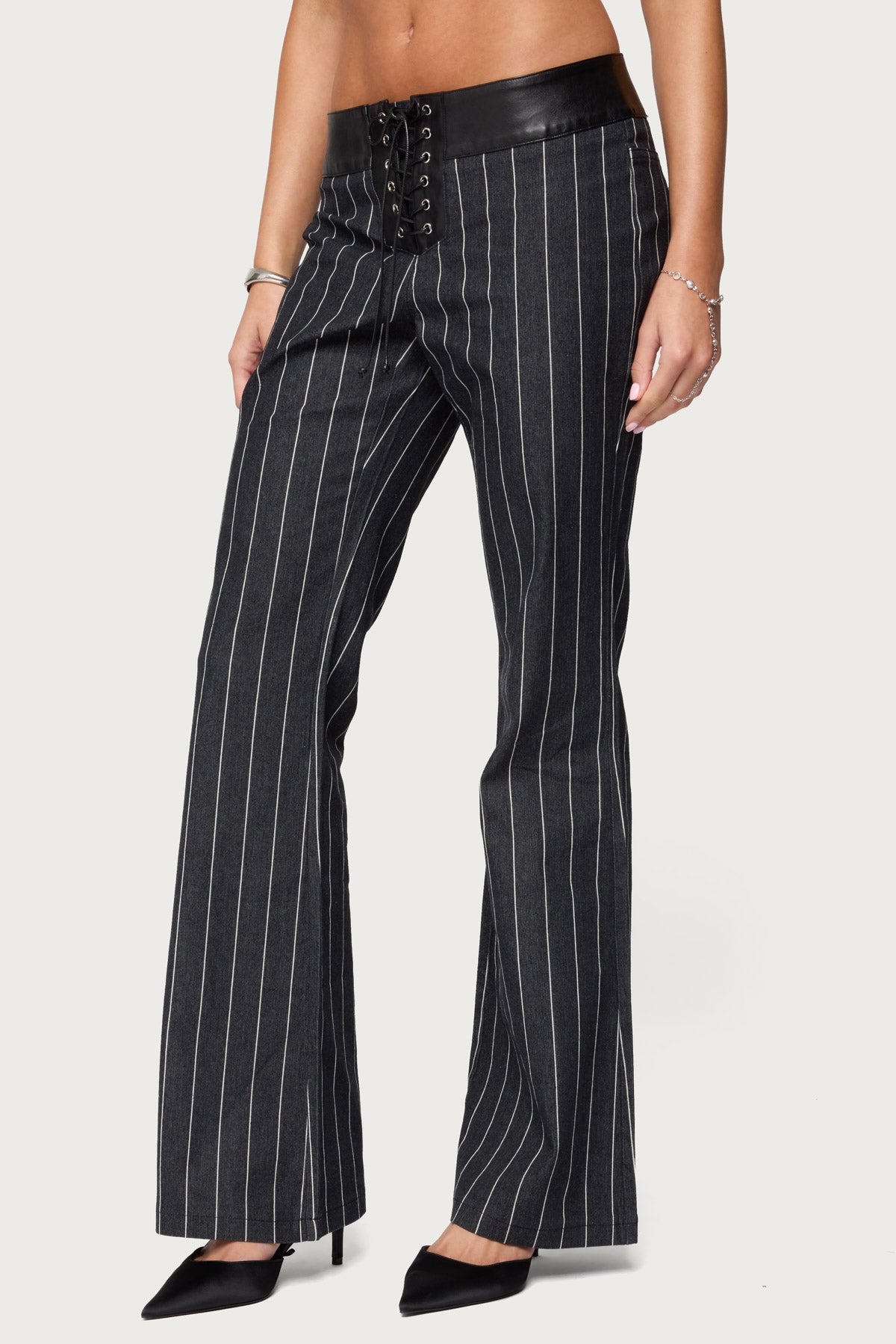 Pinstripe & Faux Leather Low Rise Flared Jeans - Image 5
