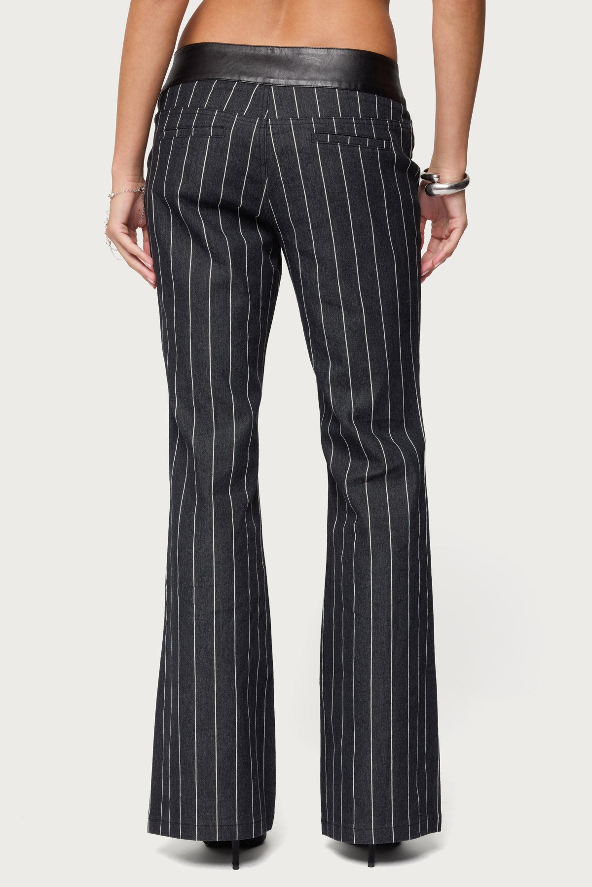 Pinstripe & Faux Leather Low Rise Flared Jeans - Image 6