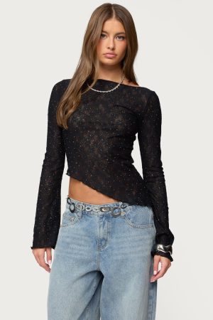 Mare Asymmetric Gem Sheer Lace Top