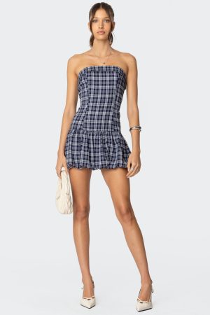 Plaid Strapless Bubble Mini Dress
