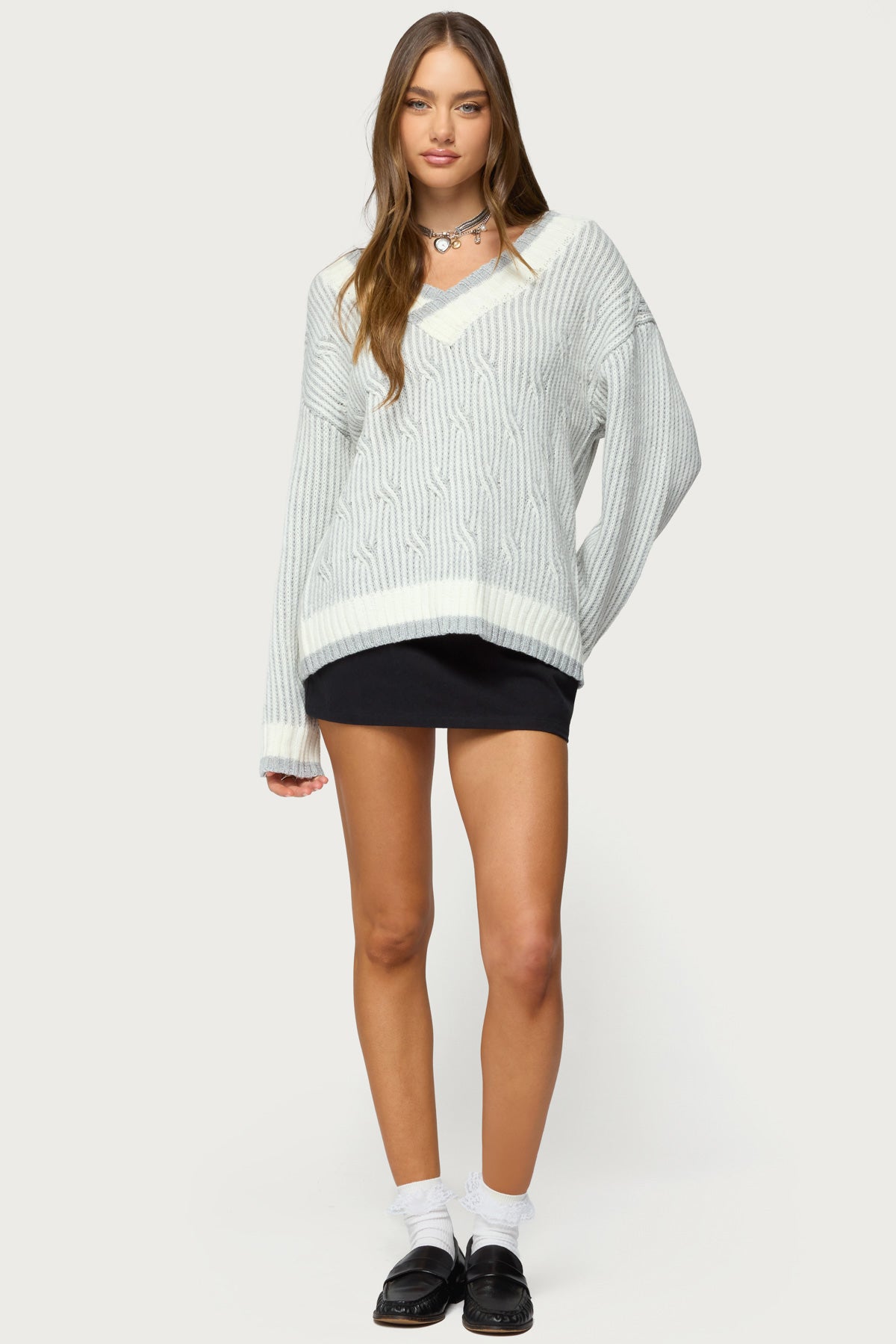 Lila V Neck Cable Knit Sweater - Image 2