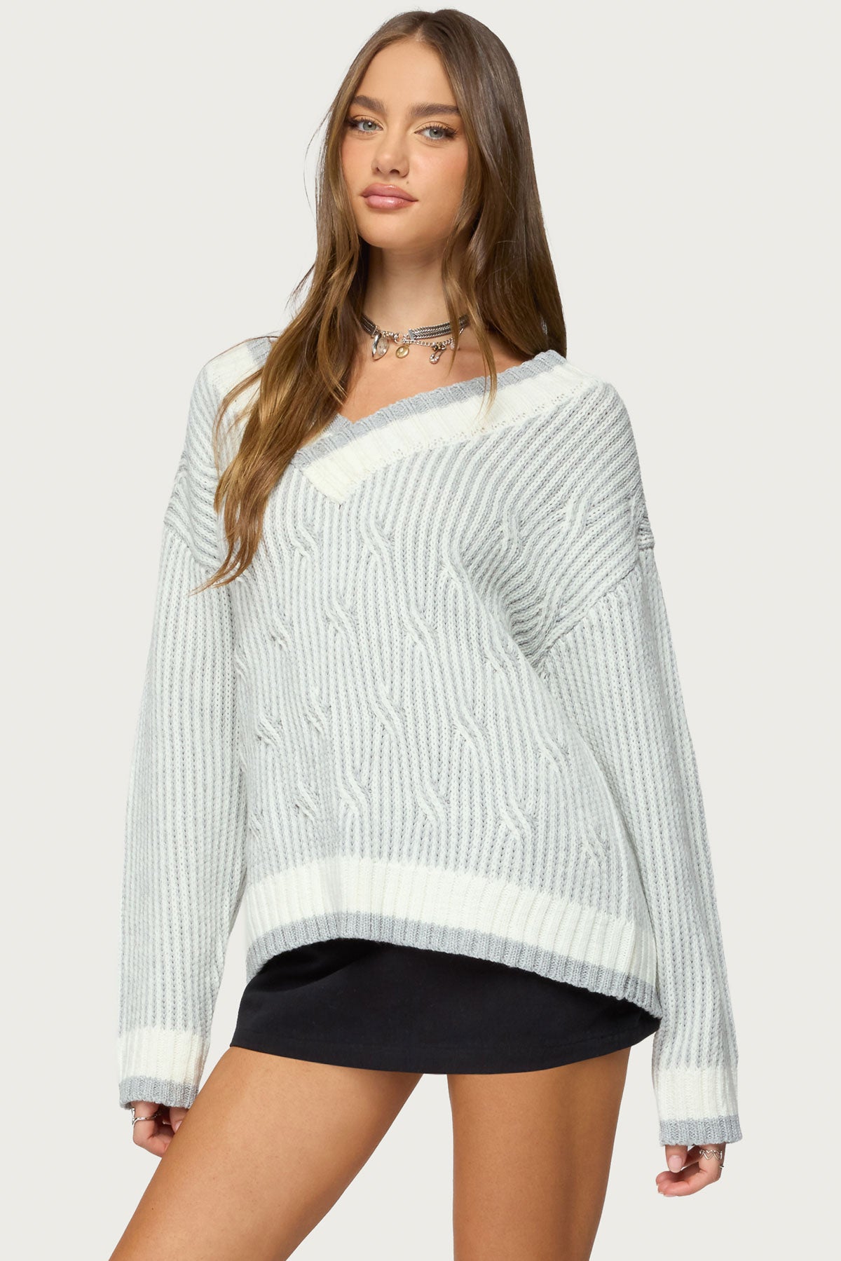 Lila V Neck Cable Knit Sweater - Image 3