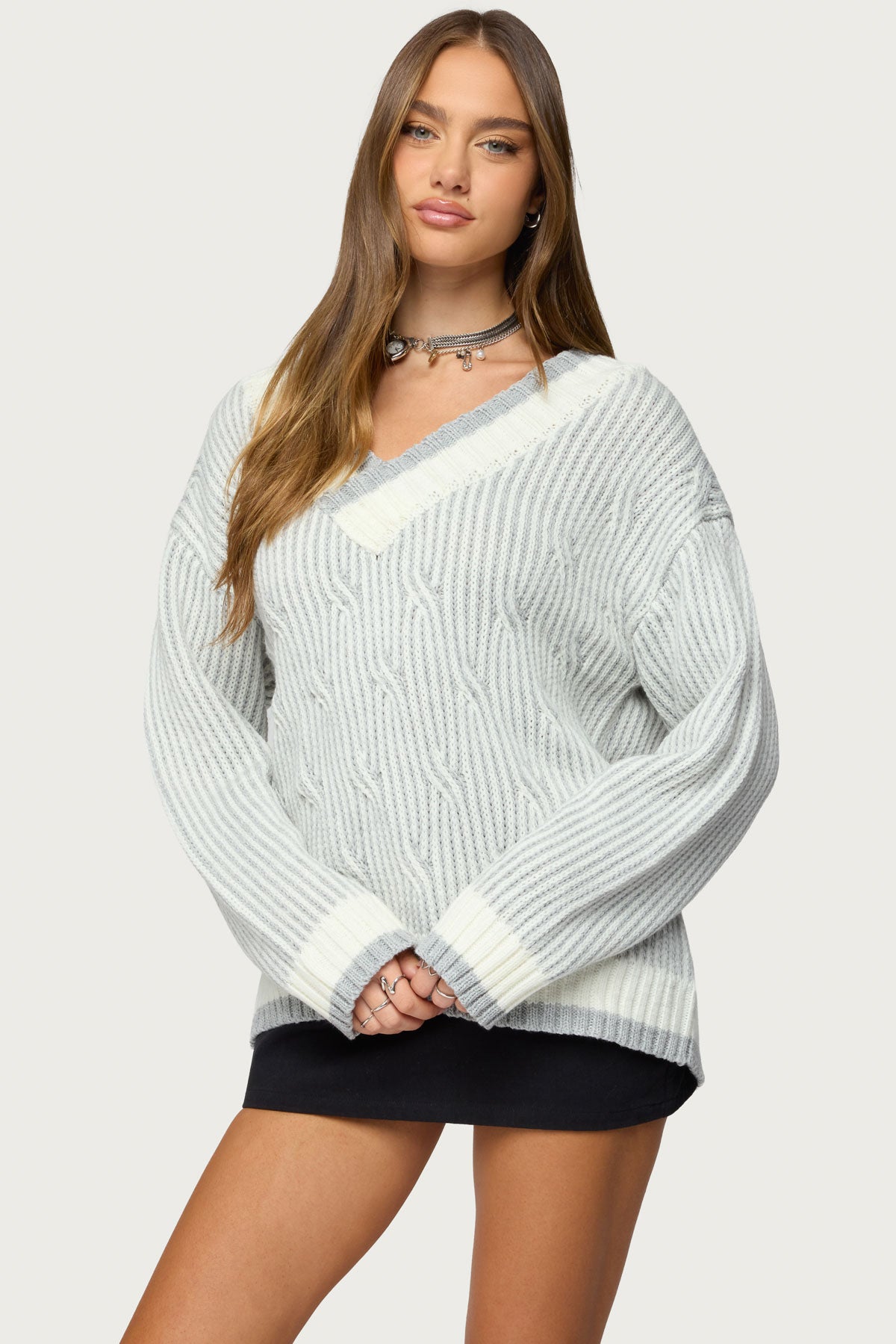 Lila V Neck Cable Knit Sweater - Image 5