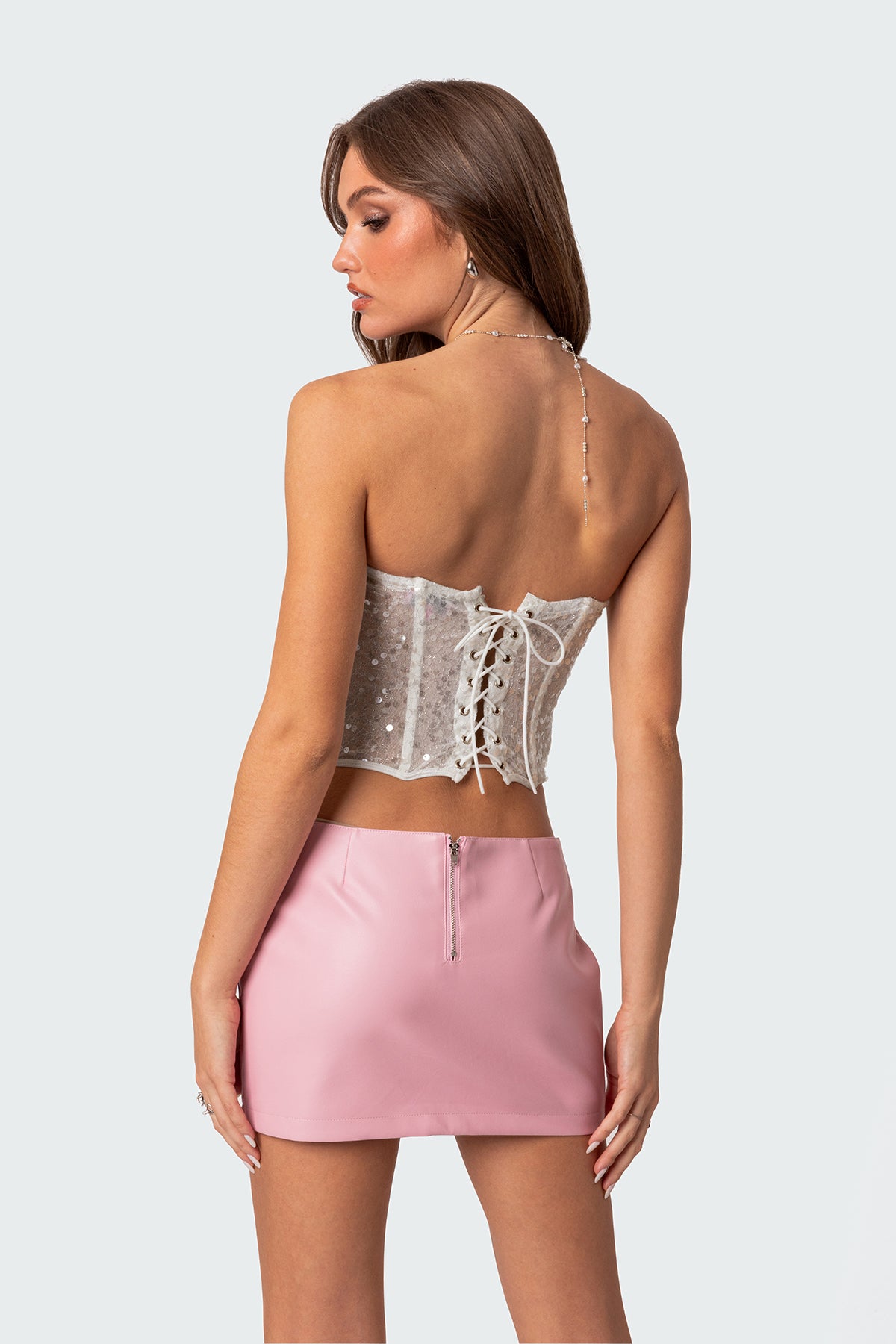 Semi Sheer Sequin Lace Up Corset - Image 4