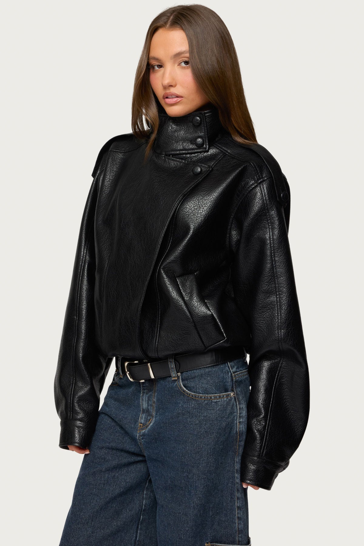 Jaicee High Neck Oversized Faux Leather Jacket - Image 3