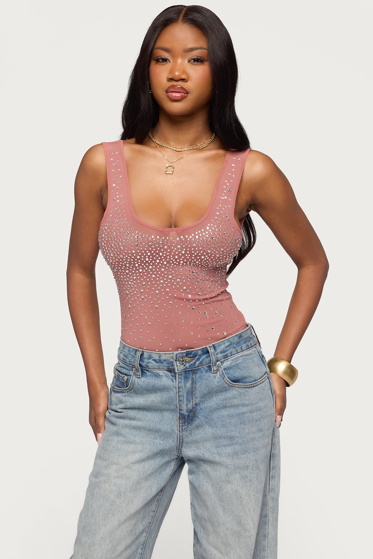 Angelita Rhinestone Sheer Mesh Bodysuit