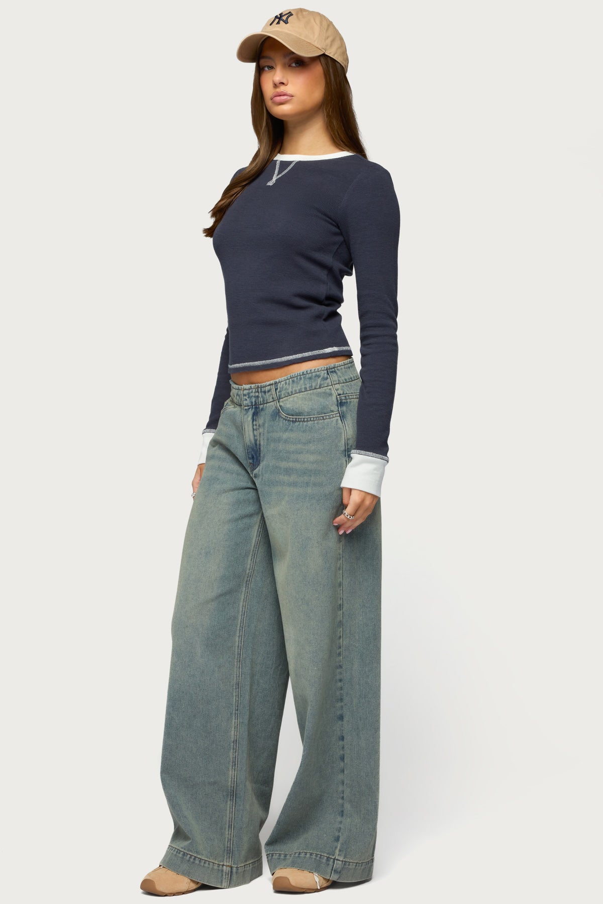 Rora Contrast Long Sleeve Waffle Top - Image 4