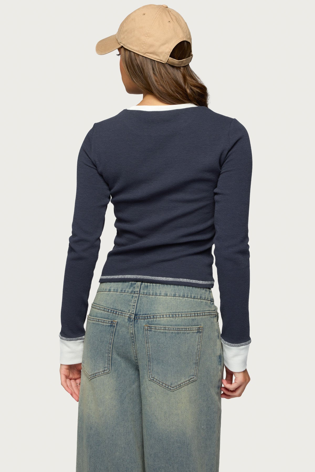 Rora Contrast Long Sleeve Waffle Top - Image 5