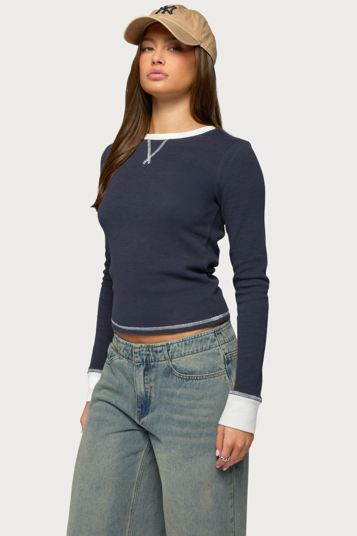 Rora Contrast Long Sleeve Waffle Top - Image 3