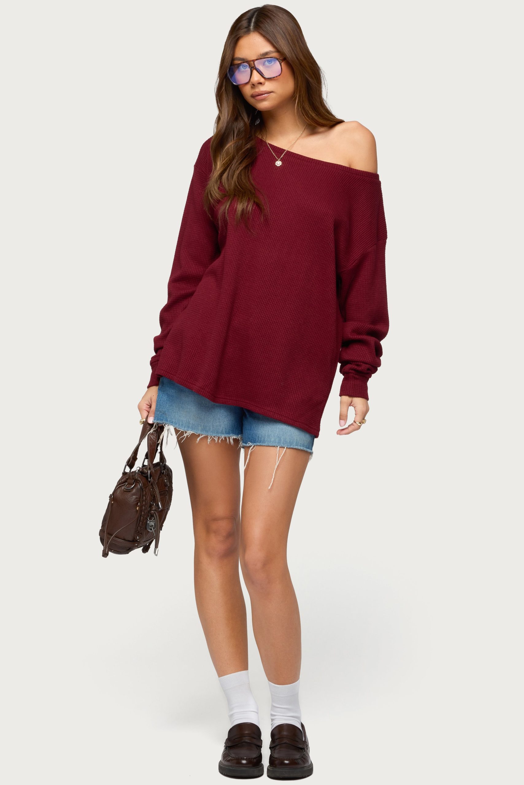Damari Off Shoulder Oversized Waffle Top - Image 2
