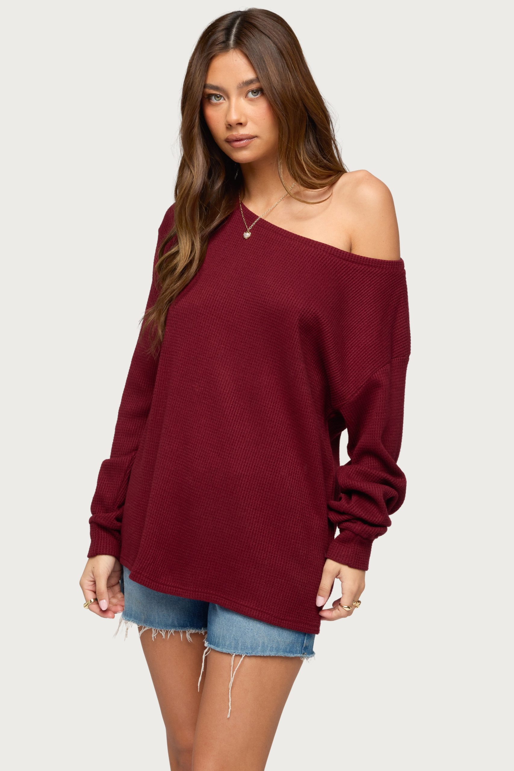 Damari Off Shoulder Oversized Waffle Top - Image 3