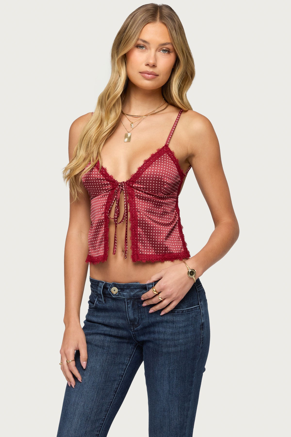 Backless Satin Effect Polka Dot Top - Image 3